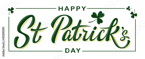 Vector Happy St Patrick's Day logotype. Hand sketched Irish celebration design with clover leaves isolated on white background. For greeting card, banner, flyer, poster