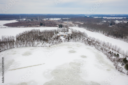 Aerial of Snow Covered Plainsboro Homes Farmland