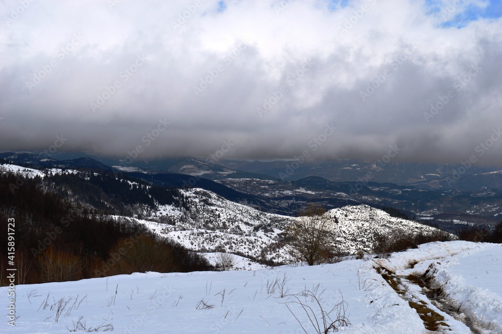 mountain road in winter in the snow mountain road in winter in the snow