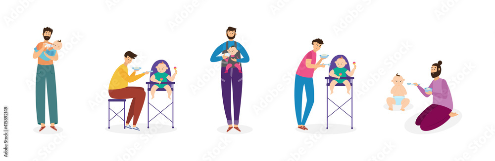 Set of men fathers feeding their baby kids flat vector illustration isolated.