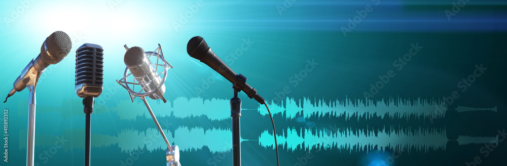 Microphone with yellow waveform on modern blue background, broadcasting or podcasting banner