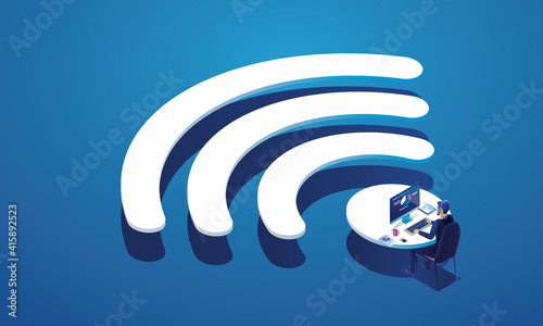 Virtual event People use Video conference landing Working Businessman on window screen taking with colleagues.Isometric Videoconferencing and online meeting wifi icon, man and woman learning, Vector