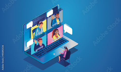 Virtual event People use Video conference landing Working Businessman on window screen taking with colleagues.Isometric Videoconferencing and online meeting workspace page, man and woman learning