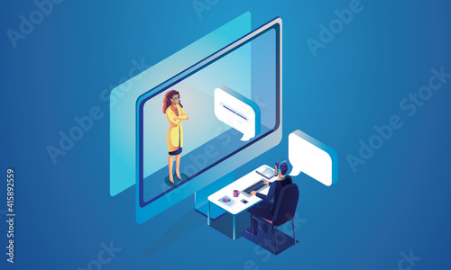 Virtual event People use Video conference landing Working Businessman on window screen taking with colleagues.Isometric Videoconferencing and online meeting workspace page, man and woman learning