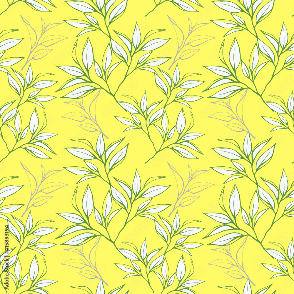 Floral seamless pattern with tea leaves. Hand drawn tea leaves background. Trendy summer illustration. For textile, paper, decoration and wrapping	