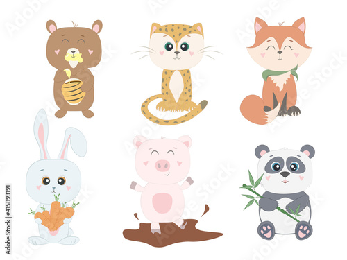 Woodland characters. Cartoon cute animals for baby cards.