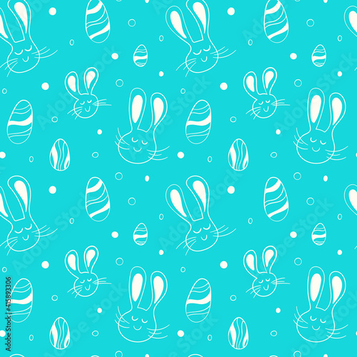 Easter Bunny and Eggs. Seamless Vector Pattern in doodle style. Simple hand-drawn illustration for fabric, paper, boxes design 
