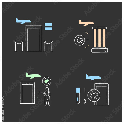 Airport new normal chalk icons set.Consists of ultraviolet cleaning, sanitizing, covid19 testing. Safe rules concept.Isolated vector illustrations on chalkboard