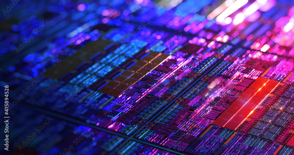 Close-up Macro of modern CPU Die Chip Processor on wafer for hi-tech  background. Detail of Silicon Wafer Containing Microchips, CPU, GPU, CMOS.  Iridescent lighting. 3D rendering Stock イラスト | Adobe Stock