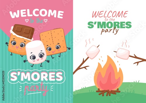 Set of invitations for Smores Day party kawaii sweets flat vector illustration.
