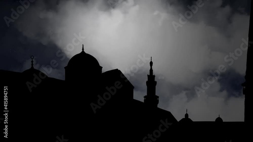Umayyad Mosque or Great Mosque of Damascus by Night with Crescent Moon and Clouds, Syria photo