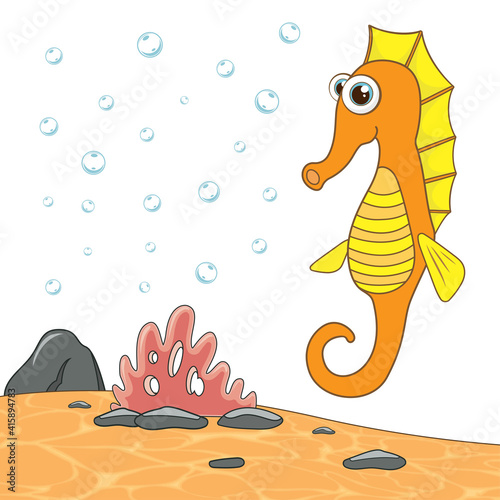 Cartoon character orange Sea Horse isolated on sea landscape. Marine underwater world with plants on sand and colorful fish. Template of cute tropical aquatic creature. Vector design in cartoon style.