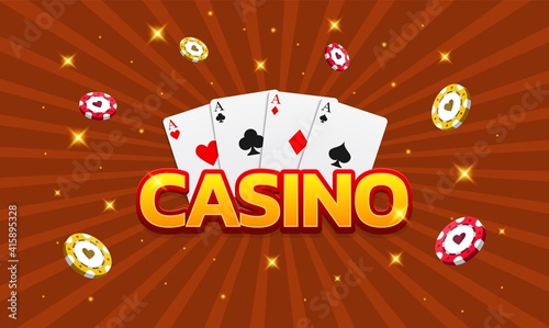 Casino, poker, game cards and chips. Can be used as a flyer, poster, banner for advertisement. Vector illustration on a red background.