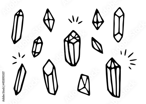 Vector set of different crystals. Hand drawn, doodle elements isolated on white background.