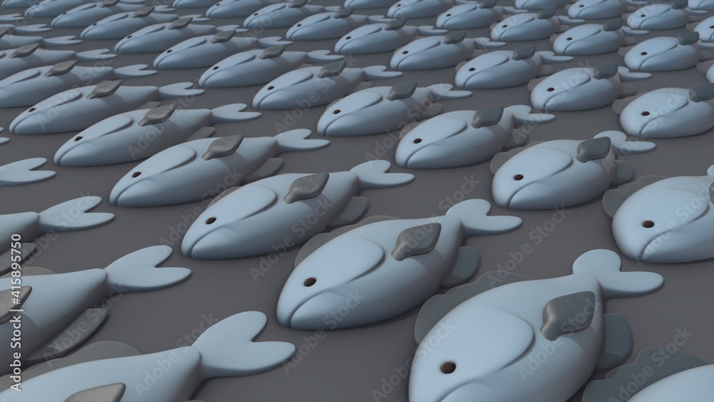 Obraz premium 3d rendered illustration of Multiple Stylized Fishs in a row. High quality 3d illustration