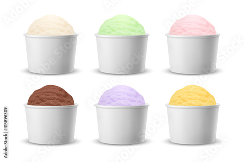 Vector 3d Realistic White Tub Food Paper Plastic Container, Cup, Ice Cream Ball Inside Isolated on White Background. Dessert, Yogurt, Ice Cream. Design Template of Product Packing, Mockup. Front View
