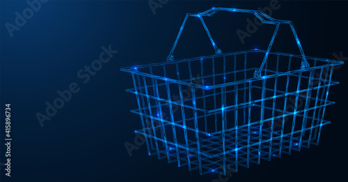 Shopping cart. Online store. Polygonal construction of concatenated lines and points. Blue background.