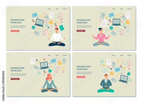 Banners with people resting of information overload, flat vector illustration.