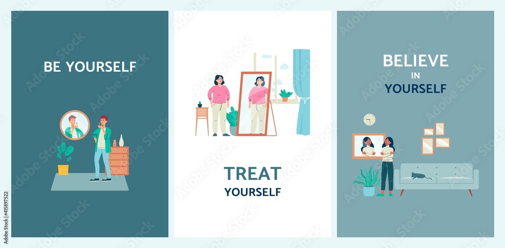 Characters with positive self acceptance look in mirror with esteem for self. Characters with positive self acceptance look in mirror with esteem for self.
