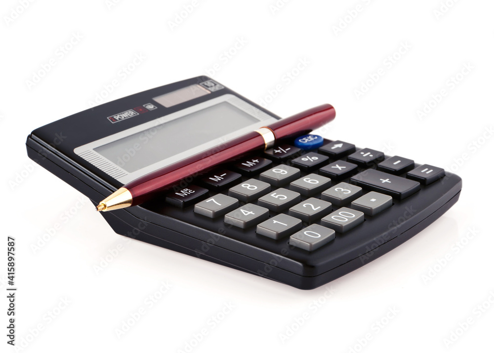 black calculator and a red pen on a white black calculator and a red pen on a white