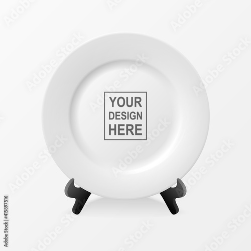 Vector 3d Realistic White Food Empty Blank Porcelain Ceramic Plate on a Stand Closeup Isolated on White Background. Design Template, Mock up. Front, Top View