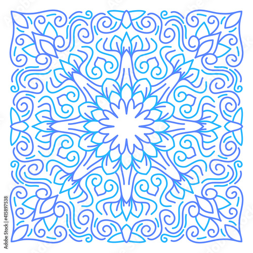 Ornament of silhouette flowers, twisted lines in a square. Tile design. © Dzianis