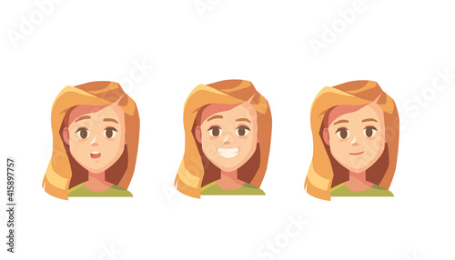 Different female emotions faces set. Face expressions of a woman, girl. Avatar characters collection. Collection of woman heads with various facial expressions. Handsome cartoon character.