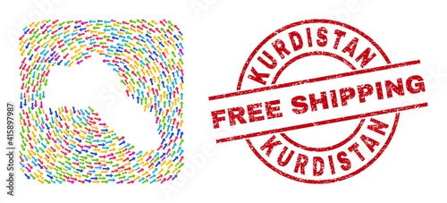 Foto Vector mosaic Kurdistan map of delivery arrows and rubber Free Shipping badge