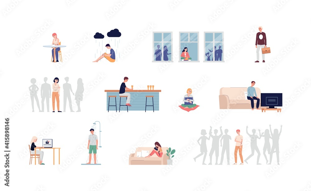 Depressed lonely men and women characters, flat vector illustration isolated.