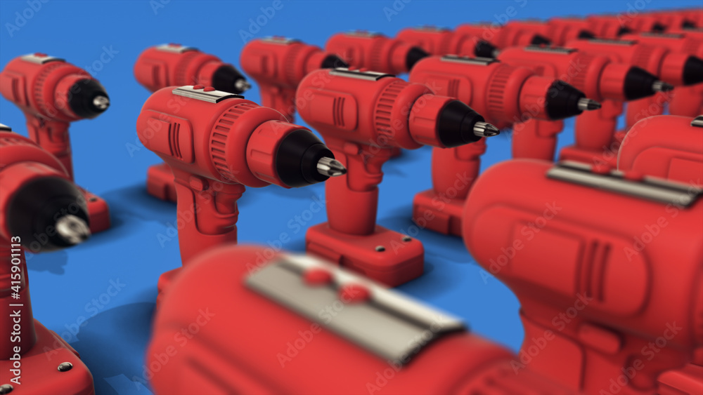 3d rendered illustration of Red Power Drills in a row. High quality 3d illustration