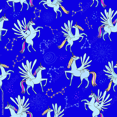 Pegasus in the starry sky. Mystical seamless pattern. Constellations and signs of the zodiac