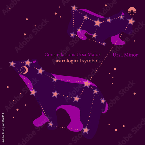 Abstract illustration of constellations Ursa Major and Ursa Minor, connection of stars in sky, star map. Astrological symbol on dark purple background. Vector illustration for tarot cart design, web.