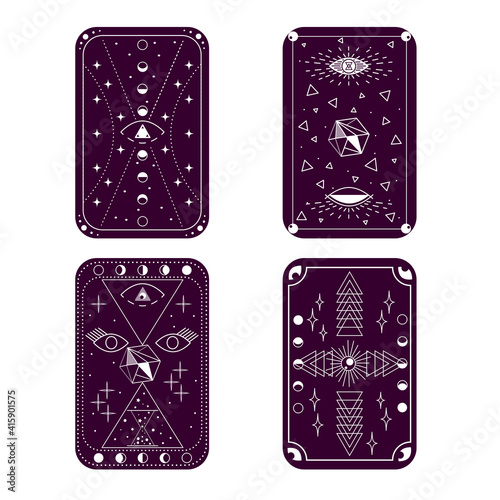 Template of drawings for Tarot cards. Set of magic items, hourglass, crystal. Opening of third eye of soul, phases of moon, celestial spheres, stars. Vector illustration for design of esoteric science