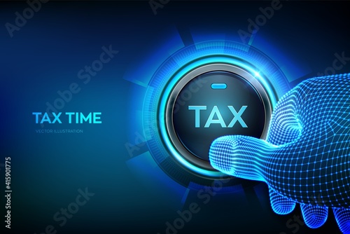 Concept tax payment. Closeup finger about to press a button with a tax icon. Payment of debt. State taxes. Data analysis, financial research report and calculation of tax return. Vector illustration.