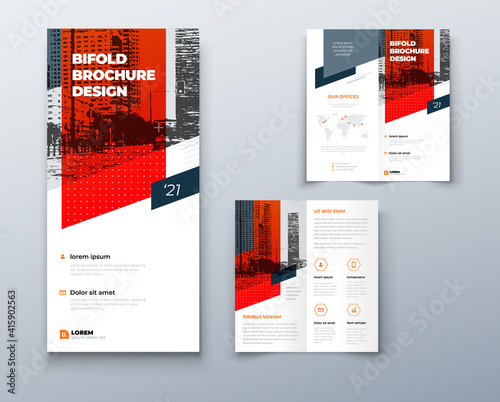 Bi fold brochure or flyer design with circle. Creative concept flyer or brochure. Template is white with a place for photos.