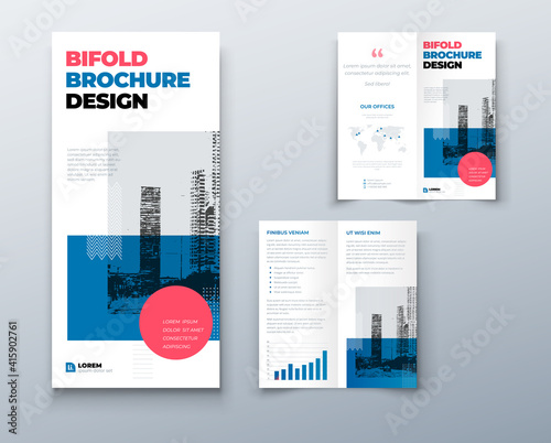 Bi fold brochure or flyer design with circle. Creative concept flyer or brochure. Template is white with a place for photos.