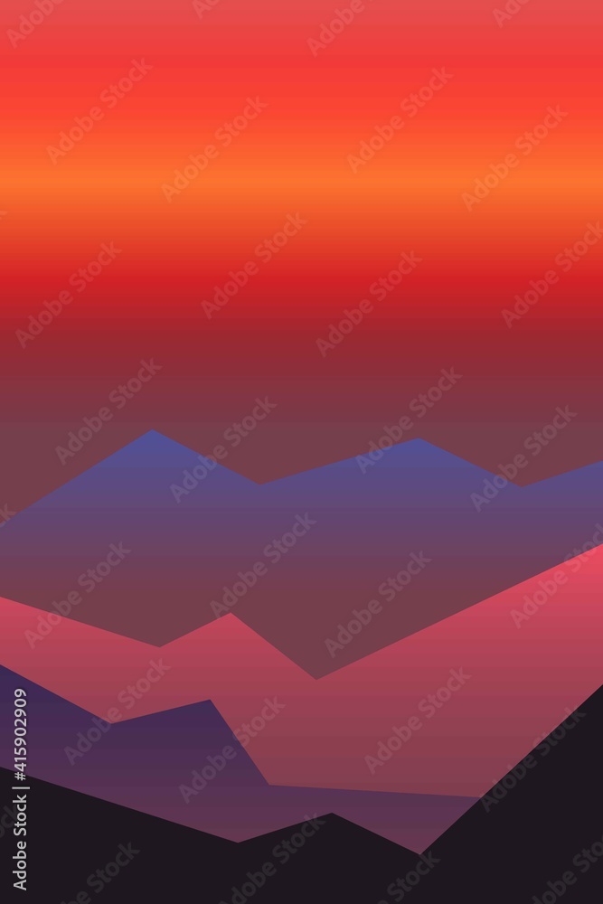 Red, orange and yellow sun set sky. Violet, blue and black mountains silhouette. Sandy dunes. Graphic design. Nature and ecology. Vertical orientation. For social media, post cards and posters