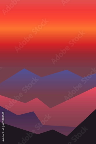 Red, orange and yellow sun set sky. Violet, blue and black mountains silhouette. Sandy dunes. Graphic design. Nature and ecology. Vertical orientation. For social media, post cards and posters