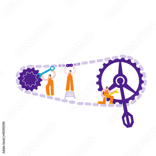 Bicycle service workers fix bike detail. Fixing of cycle chain pedal chain rings. Vector flat illustration