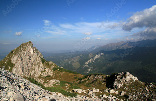 View from Giewont peak - the most famous polish mountain, simbol of Tatra Mountains and Zakopane, Tatras, Poland