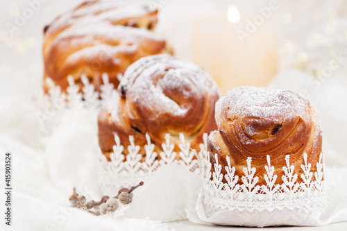 Easter homemade cake kraffin with powdered sugar. photo