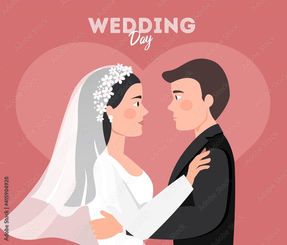 Wedding day illustration vector, wedding couple flat design, Together honeymoon, Marriage concept, bride and groom illustration, married couple, wedding invitation card. romantic couple
