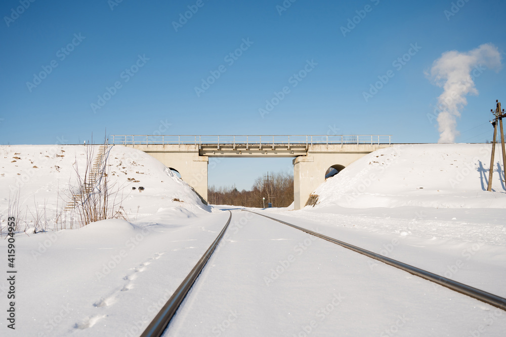 The bridge over the snow-covered railway tracks. Winter landscape. Naked trees. White smoke. Sunny day.
