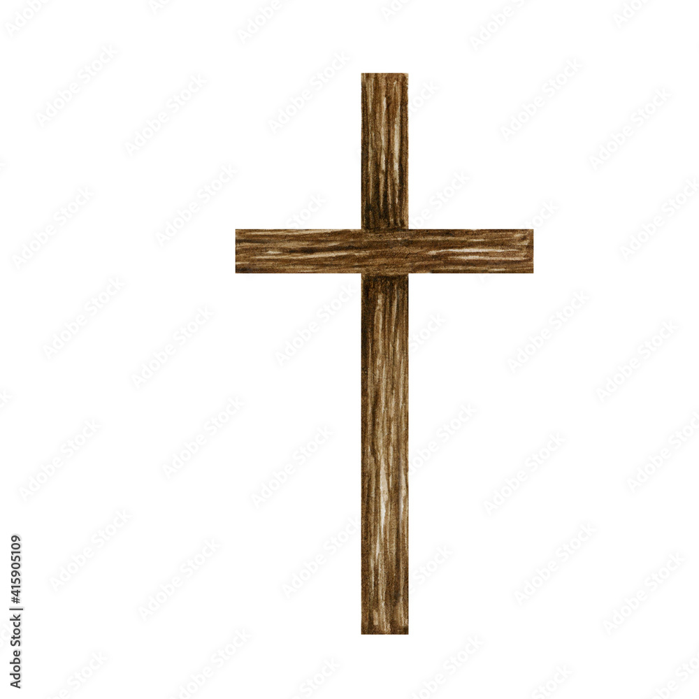 Wooden Christian Cross. Catholic Church cross isolated on white background. Religion symbol