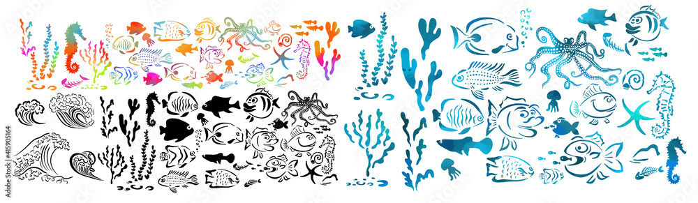 Set of monochrome and multicolored marine life. Vector illustration of set of sea creatures