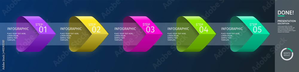 Infographic arrows with 5 step up options and glass elements. Vector ...