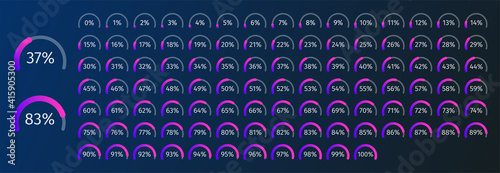 Set of circle percentage diagrams from 0 to 100 for infographics with blue and purple colors on dark background. Vector illustration. photo