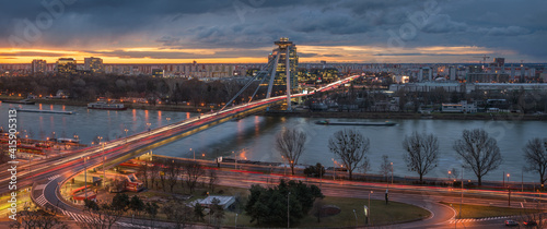 Cityscape of Bratislava, Slovakia with New Bridge over Danube River at Sunrise