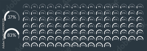 Set of circle percentage diagrams from 0 to 100 for infographics on dark background. Vector illustration.