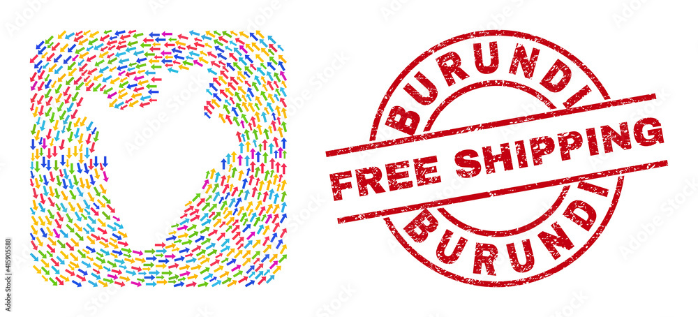 Vector mosaic Burundi map of delivery arrows and rubber Free Shipping seal. Mosaic geographic Burundi map created using bright direction arrows near rounded square subtraction. Vector mosaic Burundi map of delivery arrows and rubber Free Shipping seal. Mosaic geographic Burundi map created using bright direction arrows near rounded square subtraction.